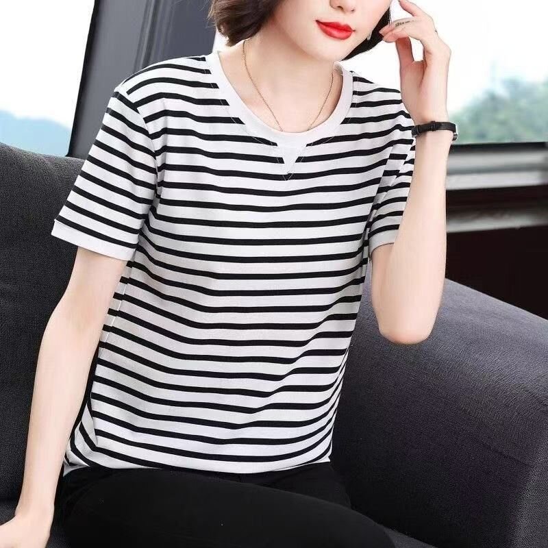 RY1464# 纯棉夏季百搭拼色条纹圆领T恤女士潮流时尚休闲通勤穿搭显瘦短袖