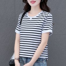批发夏季条纹短袖t恤女夏季2026新款中年妈妈薄款纯棉圆领时尚上衣