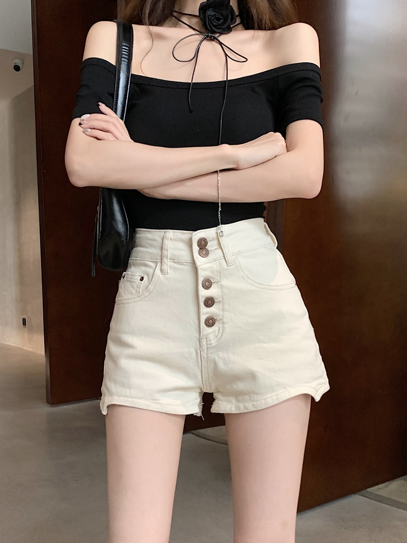 MY5815# 大码女装新款高腰牛仔短裤女排扣设计感杏色显瘦a字辣妹裤子女裝貨源服裝批發