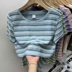 批发2026夏季简约时尚慵懒条纹T恤衫小个子日常休闲舒适穿搭显瘦短袖
