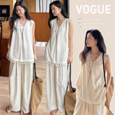 批发有货 2026孕妇套装夏季<b class='q'>休闲</b>背心气质慵懒流苏花边上衣大码阔腿裤