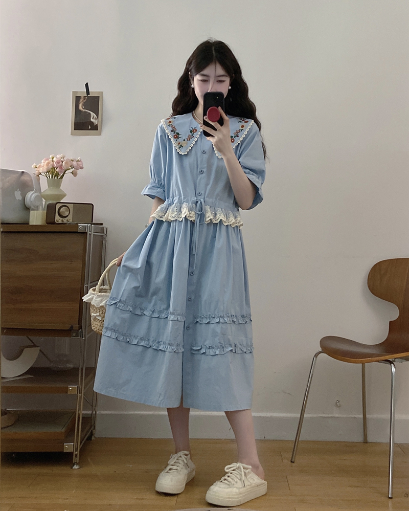 여름 센 부서 부드러운 물 심장 하늘색 허리 수축 드레스 레트로 꽃 자수 인형 치마 슬림해 보이는 롱 스커트
