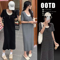 批发新品#孕妇连衣裙夏季2026新款时尚宽松<b class='q'>百搭</b>条纹短袖拼接孕妇长裙