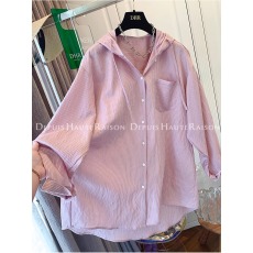 批发实价原版面料特大码240斤减龄甜美气质条纹连帽长袖衬衫女