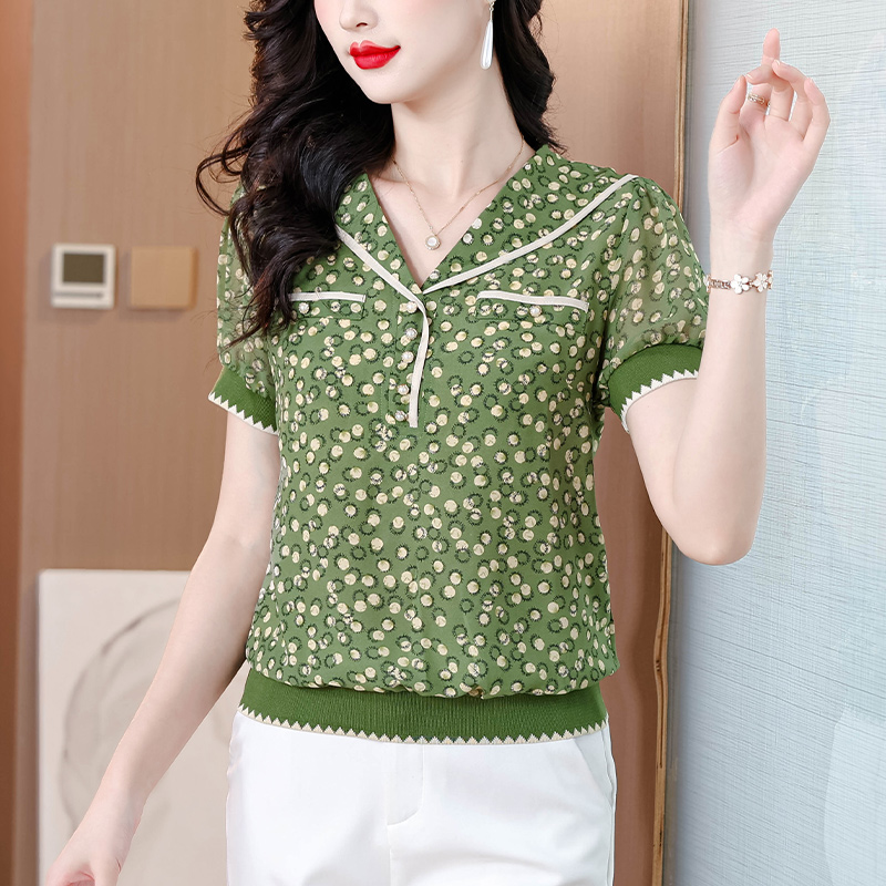 MY5812# 短袖碎花雪纺衫女海军领夏季新款漂亮时尚小衫洋气遮肚上衣女裝貨源服裝批發