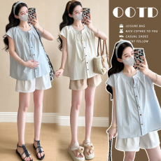 批发实拍现~<b class='q'>孕妇</b><b class='q'>夏季</b>韩系休闲飞飞袖圆领绑带排扣<b class='q'>衬衫</b>托腹短裤两件套