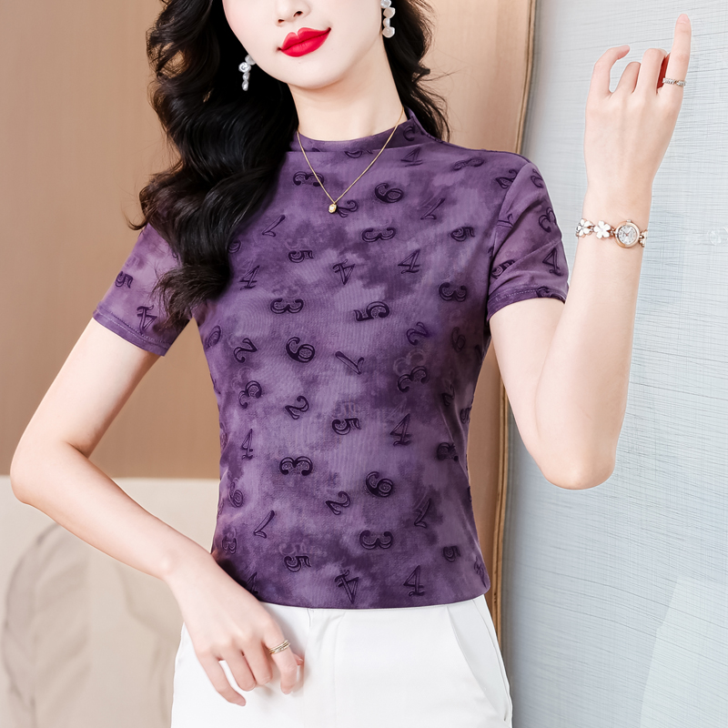 MY5793# 半高领短袖T恤女夏季新款网眼弹力印花上衣女裝貨源服裝批發