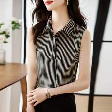批发实拍洋气夏季条纹坎肩背心<b class='q'>女</b>外穿衬衫无袖雪纺打底衫内搭上衣