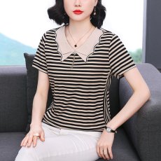 批发实拍实价2026夏季新款时尚气质中年<b class='q'>妈妈</b>娃娃领拼接条纹上衣女