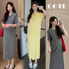 批发实拍2026夏季新款孕妈短袖polo领刺绣麻花显瘦冰丝长款<b class='q'>连衣</b>裙