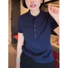藏蓝色正肩短袖t恤女2026年夏季新款半开领修身体恤百搭纯棉上衣