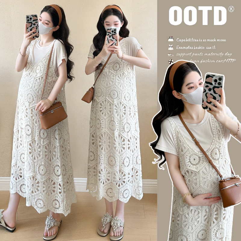선물 실사 2026 여름 임산부 여름 루즈핏 표지 고기 슬림해 보이는 게으른 치마 레이스 품격 슬립 투피스 세트
