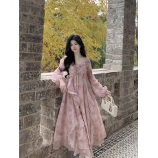 批发2026夏季韩版小清新仙女粉朦胧晕染印花蝴蝶烫金雪纺度假风<b class='q'>连衣裙</b>