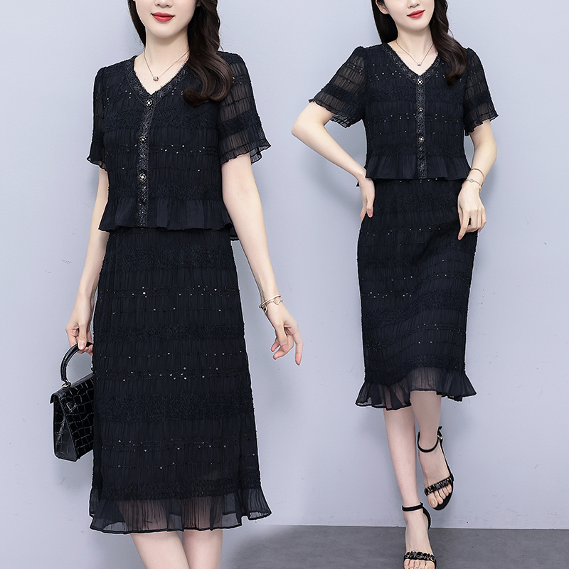 MY6189# 夏季新款时尚气质减龄显瘦V领短袖假两件中长款连衣裙女女裝貨源服裝批發