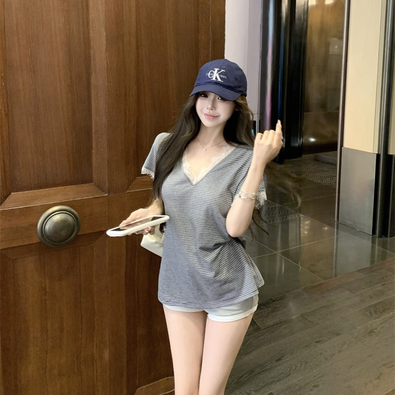 MY9161# 蕾丝边拼接棉麻短袖t恤女夏2025新款设计感上衣女裝貨源服裝批發