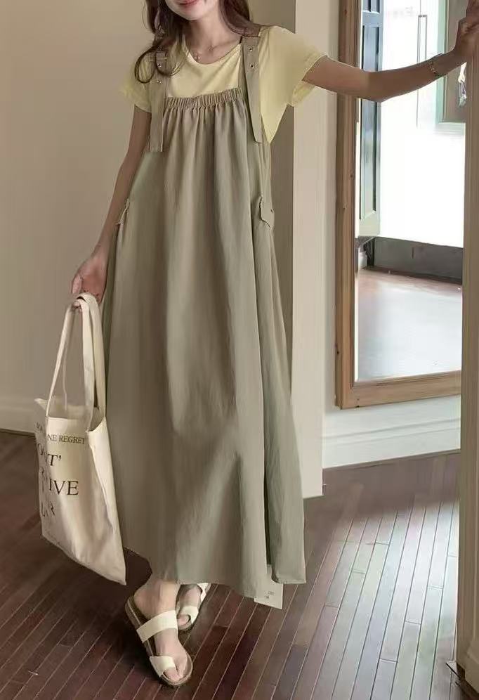 2026 여름 섹션 아메리칸 워크웨어 데님 멜빵 여성 드레스 루즈핏 캐주얼 주름 슬립 드레스 롱 스커트