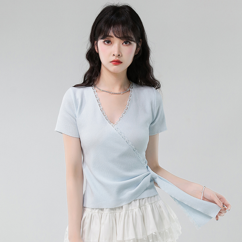 MY6100# 花边V领短袖针织衫女夏装新款百搭不规则绑带短款t恤上衣女裝貨源服裝批發
