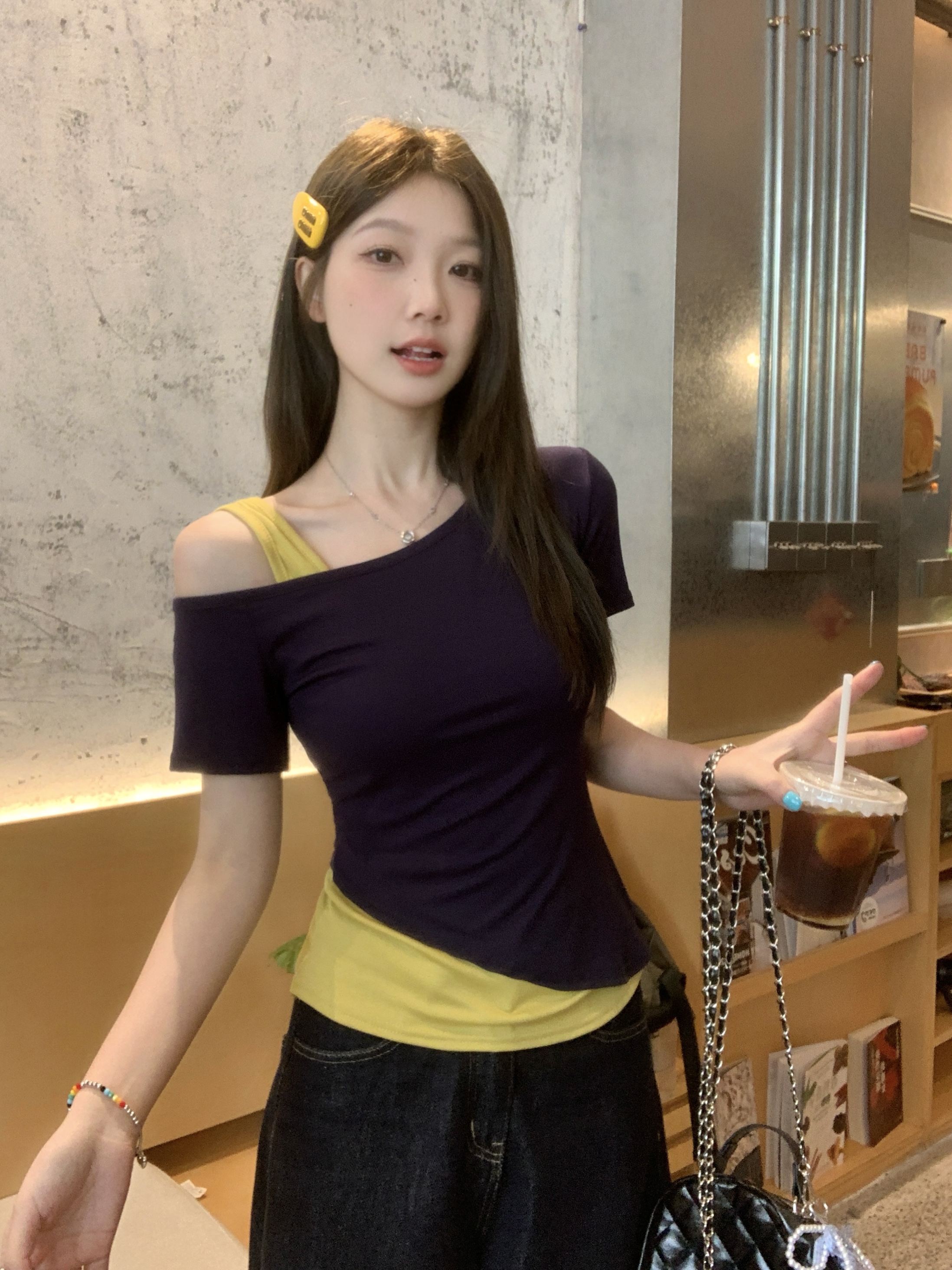 MY8299# 大码胖MM夏季新款纯欲风假两件露肩T恤修身显瘦上衣女裝貨源服裝批發