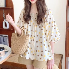 批发夏装新款大码女装韩版v领灯笼袖a字甜美波点娃娃衫衬M 4XL200斤