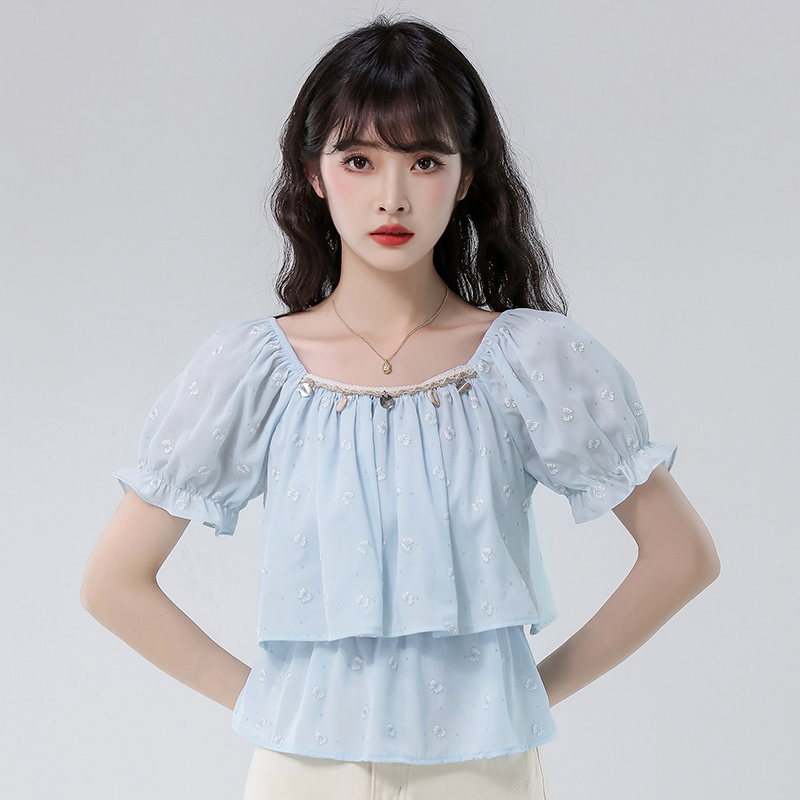 실사 2026 여름 새로운 달콤함 디자인 센스 광장 칼라 오프숄더 고유 한 아름다운 반팔 맨위
