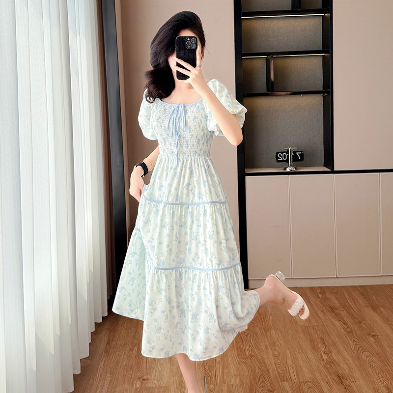 광장 칼라 여성 드레스 2026 여름 새로운 꽃길 그리드 상 파란색 프린트 치마