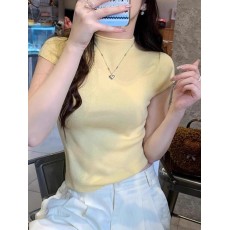 批发黄色半高领针织短袖女夏季薄款冰<b class='q'>丝</b>T恤修身显瘦显身材上衣打底衫