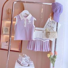 批发女童POLO套装夏季2026新款中大童洋气无袖POLO领上衣百褶裙两件套
