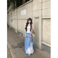 批发实拍实价#蓝色小碎花半身裙女夏韩系高腰宽松拼接网纱假两件长裙