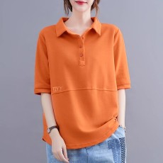 批发宽松短袖T恤女2025夏装新款休闲薄款棉卫衣大码时尚翻领中袖上衣