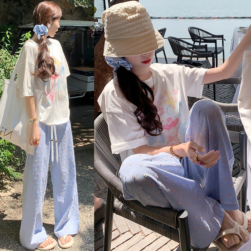 임산부 바지 새로운 여름 무지개 자수 루즈핏 바닥 청소 바지 도트 무늬 캐주얼 와이드 레그 팬츠
