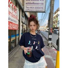 批发原版刺绣<b class='q'>袜子</b> 240克32支双纱高质量 直播爆款美式宽松设计短袖t恤