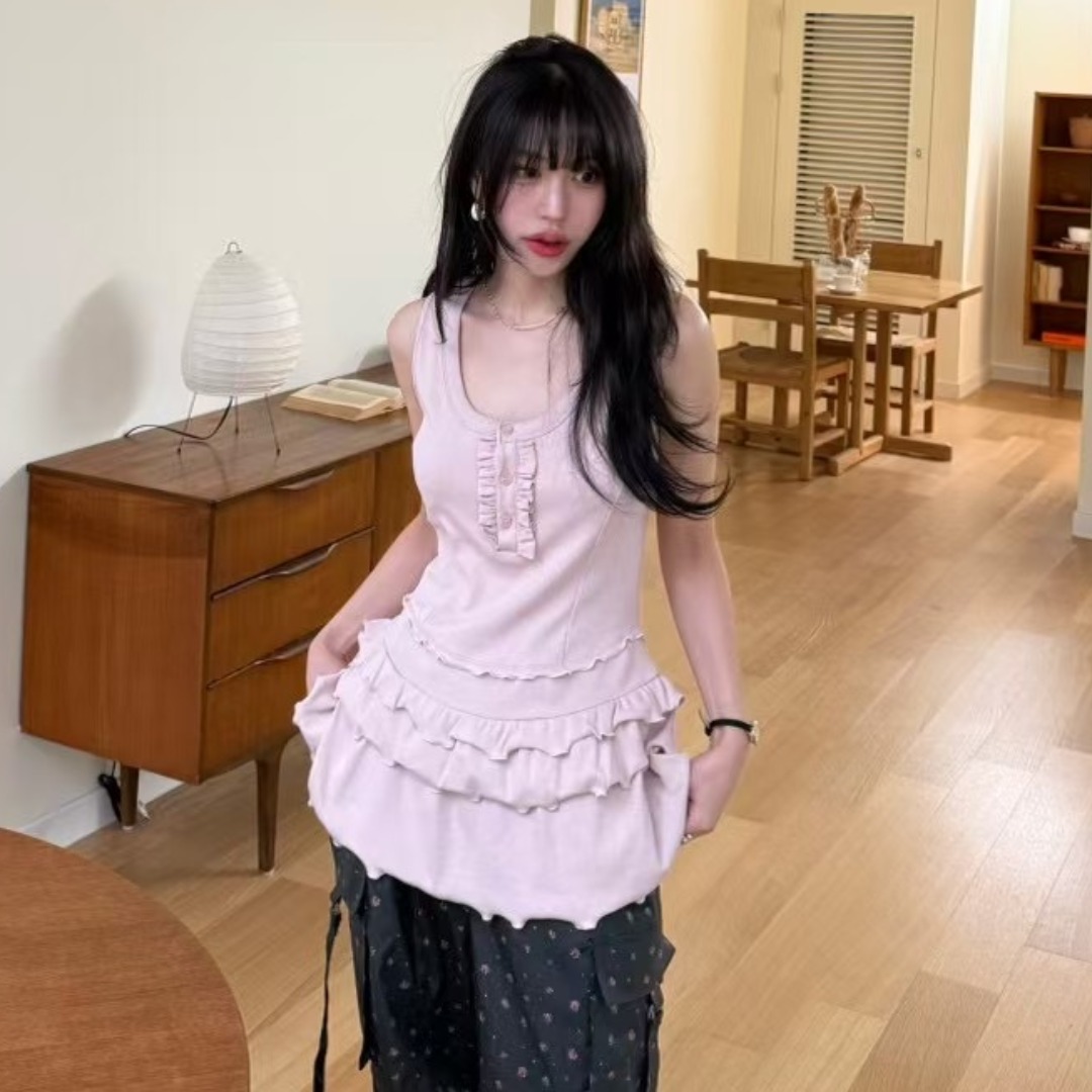 재고 있음 ins 한국 발레 바람 달콤함 프릴 다중 레이어 무거운 작업 민소매 맨위 장난기 넘치는 연령 감소 드레스