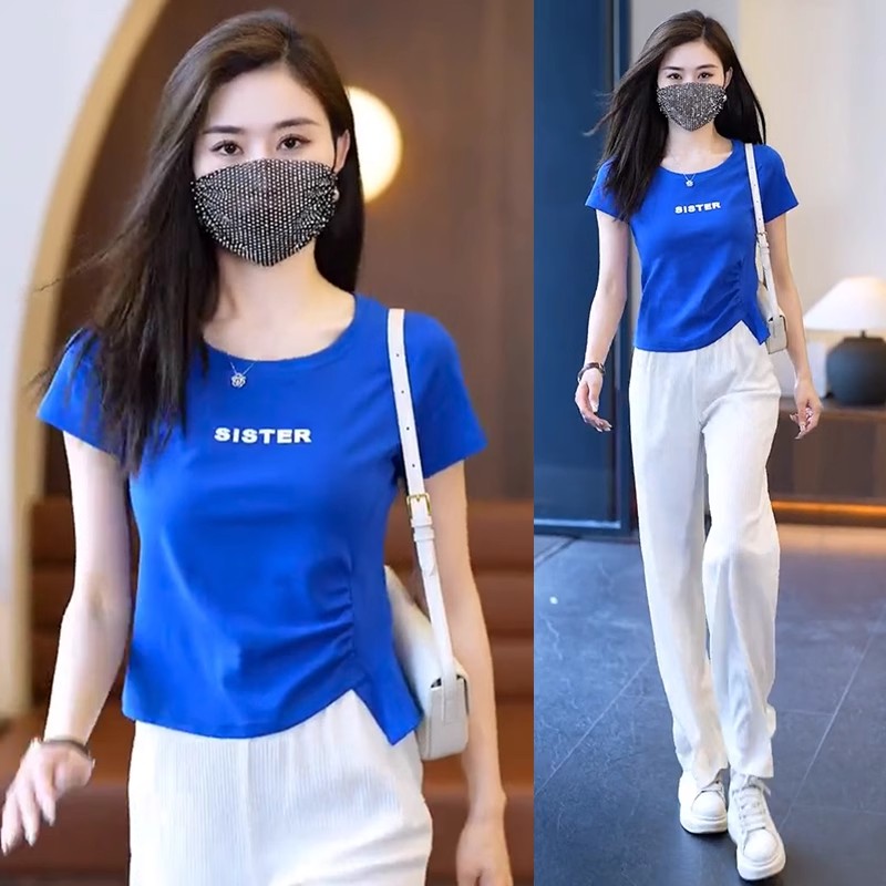 FA36168# 夏装新款女士短袖t恤纯棉短款不规则设计感小众上衣体恤洋气  服裝批發女裝批發服飾貨源