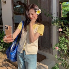 批发夏日层次美学~韩系chic叠穿毛织吊带开衫女短款外穿背心