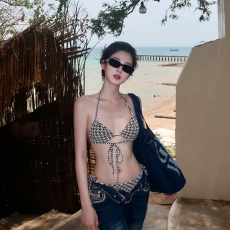 批发小清新格子千鸟格绑带跨境2025新款韩国温泉分体性感三角泳衣女