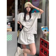 批发<b class='q'>韩版</b>休闲运动风套装女夏季宽松减龄抽绳短袖包臀A字短裙两件套潮