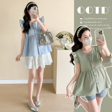 孕妇上衣2026夏季新款纯棉提花飞飞袖小个子中长款孕妇衬衣上衣