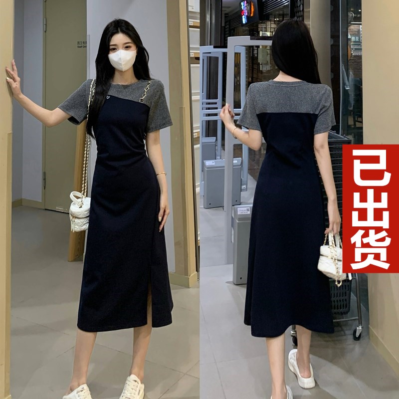 MY9682# 夏季新款胖mm假两件拼接设计感显瘦短袖连衣裙子女女裝貨源服...