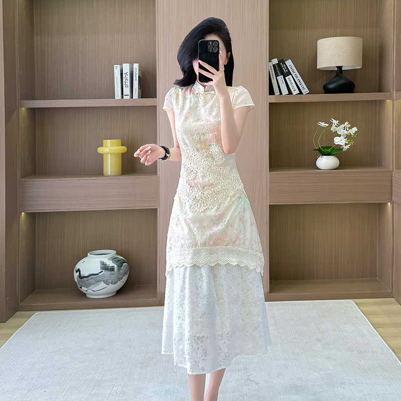 MY7831# 绝美新中式改良旗袍女夏蕾丝假两件镂空碎花连衣裙女裝貨源服裝批發