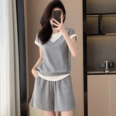 批发大码<b class='q'>时尚</b>小个子穿搭配一整套女夏季胖mm遮肉显瘦短袖短裤两件套装