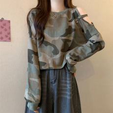 批发实拍 胖MM韩版镂空露肩时尚迷彩减龄气质卫衣女新款