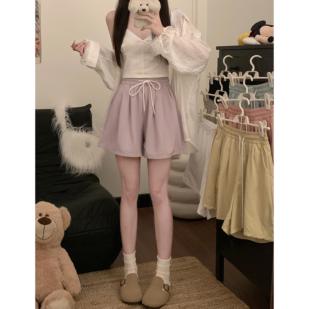 FA25176# 夏季新款松紧腰抽绳短裤显瘦阔腿裤纯色休闲裤女  服裝批發女裝批發服飾貨源