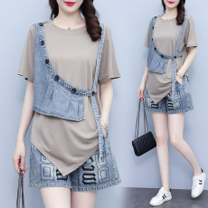 批发<b class='q'>欧洲站</b>T恤圆领新款不规则体恤时尚拼接假二件套减龄短袖上衣ins潮