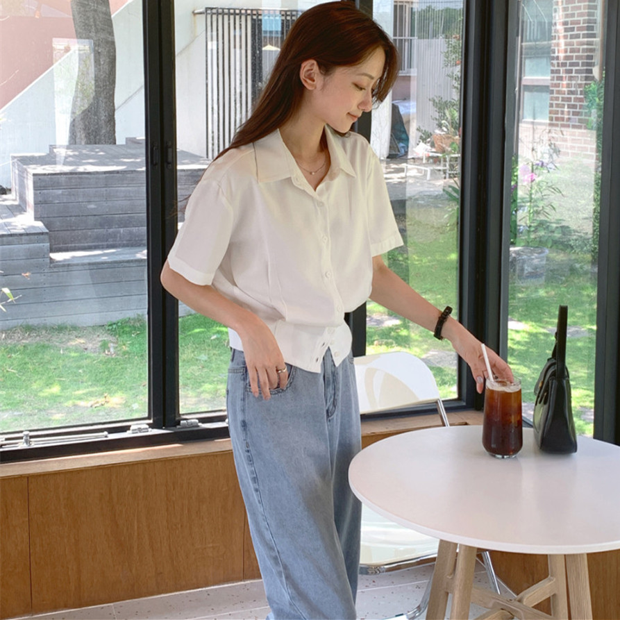 韩版POL领垮肩长袖纯色衬衫上衣 女2025夏小清新收腰显瘦气质衬衣