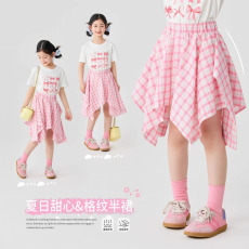批发原版纯棉泡皱格子布 <b class='q'>女童</b>格<b class='q'>子</b><b class='q'>半身裙</b>夏季儿童不规则裙子女孩短裙