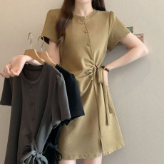 批发实拍大码圆领设计感系带收腰<b class='q'>连衣裙</b>女胖mm韩系时尚宽松显瘦T恤裙