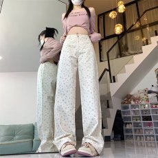 批发港风新款美式小清新碎花百搭阔腿裤女新款显瘦直筒长裤<b class='q'>女裤</b>