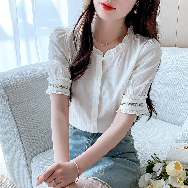 MY7930# 田园木耳边短袖白衬衫女夏季新款文艺绣花小个子纯棉衬衣女裝貨...