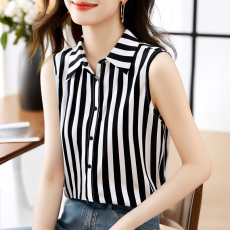 批发实拍洋气黑白条纹夏季坎肩背心<b class='q'>女</b>外穿衬衫无袖雪纺打底衫内搭上衣