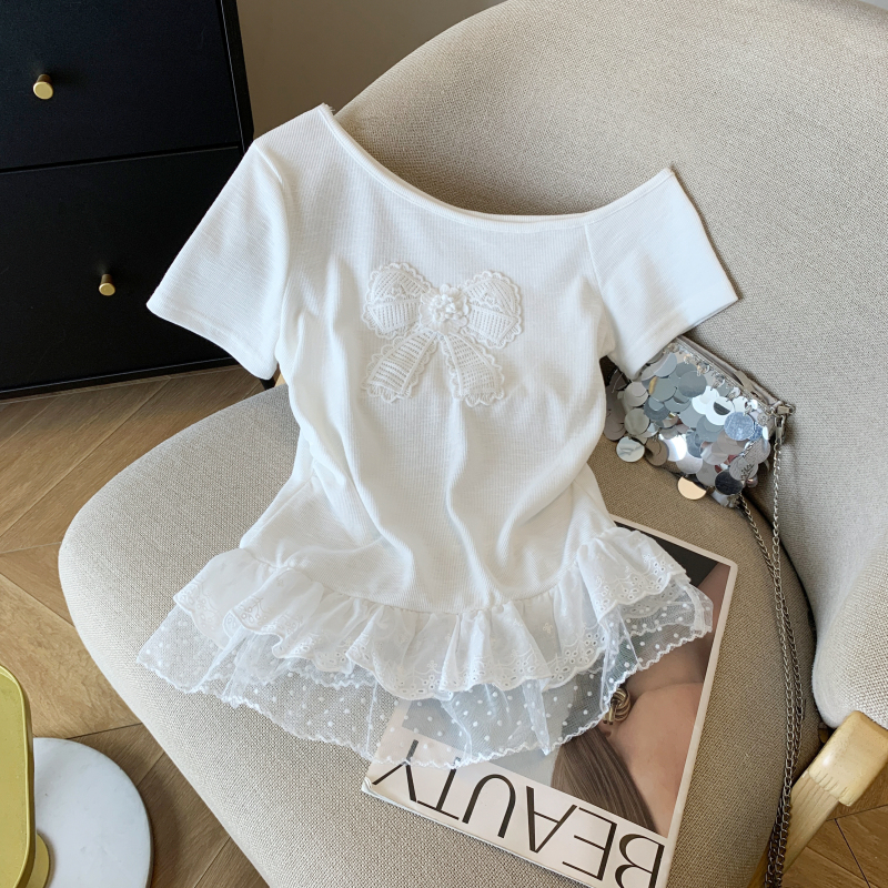 RY7574# 实拍 斜领短袖t恤女夏季新款蕾丝蝴蝶结修身短款甜辣妹上衣